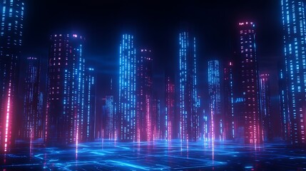 Fototapeta premium Futuristic Cityscape with Neon Lights and Glowing Skyscrapers at Night in a Cyberpunk Aesthetic