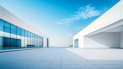 Fototapeta premium Sleek white architectural building with abstract design, set against a stunning city skyline and ocean view. The minimalist background, clean ground, and expansive sky provide the perfect commercial b