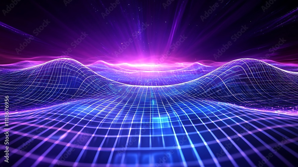 Poster futuristic data visualization with waves of light in vibrant colors and abstract grid pattern