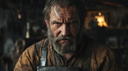 A skilled blacksmith stands proudly in a dimly lit workshop, his rugged appearance telling stories of hard work and perseverance. Tools surround him as he prepares to forge metal
