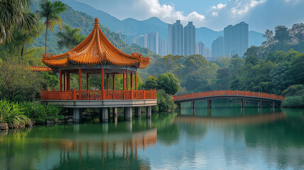 Obraz premium Tranquil Chinese Garden Pavilion With Reflection Pond and Cityscape Backdrop