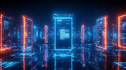 Fototapeta premium Futuristic Digital Data Processing Environment with Neon Lights and Abstract Code Structures in Dark Setting