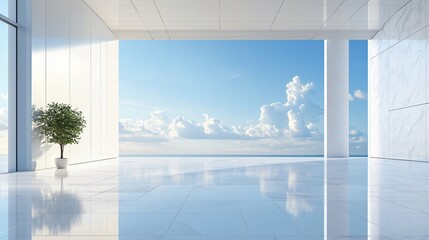 Fototapeta premium Elegant white architectural building with abstract design, positioned against a stunning city skyline and ocean view. The minimalist background, clean ground, and expansive sky create a perfect settin