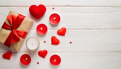 Wooden white background with red hearts, gifts and candles. The concept of Valentine Day