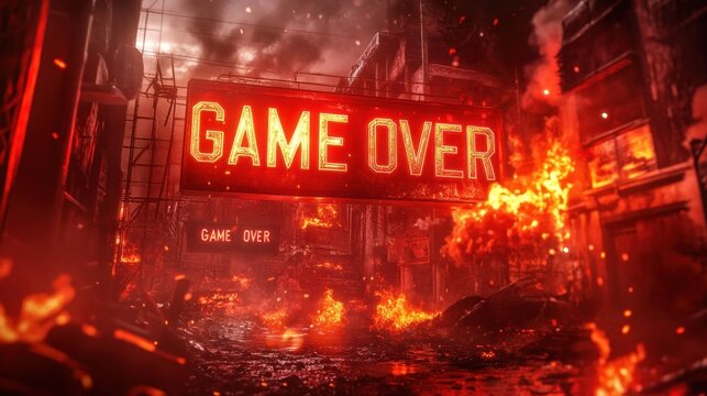 Game Over title text  in fiery red with embers on a post-apocalyptic wasteland background with smoke 