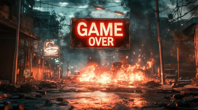 Game Over text title in fiery red with flickering embers on a post-apocalyptic wasteland background with smoke