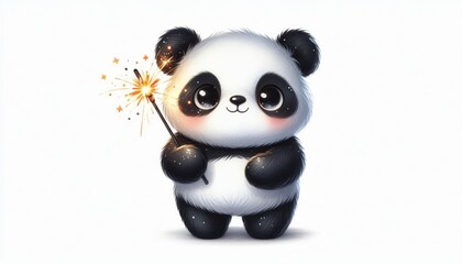 Obraz premium Cute cartoon panda holding a sparkler with glowing stars on a white background. Watercolor illustration for holiday, celebration, or festive design themes