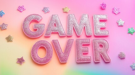 Game Over title text  in playful pink with sparkles on a pastel rainbow background