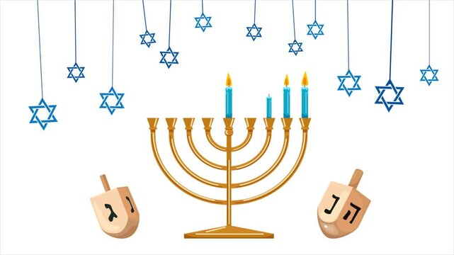 Hanukkah Illustration with Menorah, Candles, Dreidels and Star of David. Hanukkah Background 2D Animation. Festival of Lights Celebration
