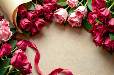 Pink roses background, flower shop counter