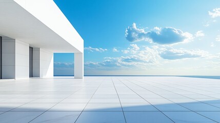 Obraz premium Elegant white architectural building with abstract design, positioned against a stunning city skyline and ocean view. The minimalist background, clean ground, and expansive sky create a perfect settin