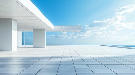 Elegant white architectural building with abstract design, positioned against a stunning city skyline and ocean view. The minimalist background, clean ground, and expansive sky create a perfect settin