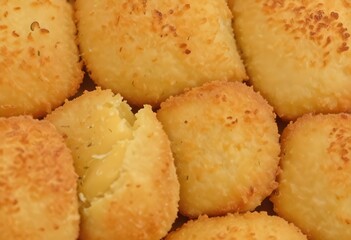 A close-up image of golden potato croquettes