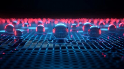 Fototapeta premium Futuristic Digital Landscape with Glowing Spheres on a Dark Mesh Grid Surface in Blue and Red Lighting