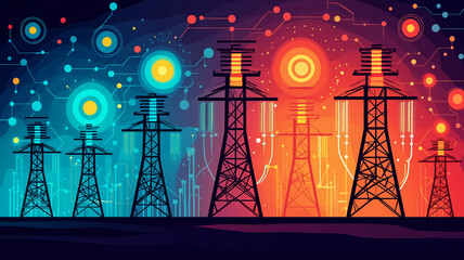 Peak Energy Monitoring for Power Optimization. Decentralized energy grid with diverse power nodes and vibrant colors