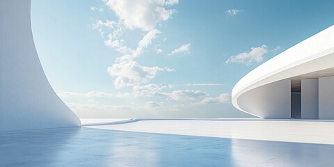 Fototapeta premium Elegant white architectural building with abstract design, positioned against a stunning city skyline and ocean view. The minimalist background, clean ground, and expansive sky create a perfect settin