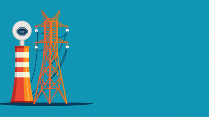 Peak Energy Monitoring for Power Optimization. Power tower and energy meter on blue background, symbolizing innovation