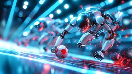Robotics with Automation Industry Concept. Futuristic Robots Compete in High-Tech Soccer Match