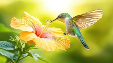Obraz premium Hummingbird feeding on a vibrant yellow hibiscus flower in a sunlit garden.