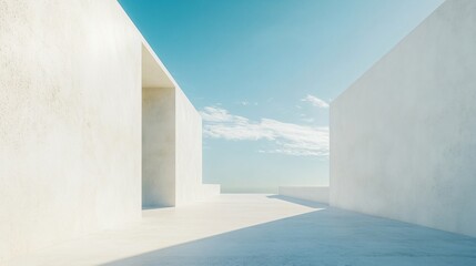 Elegant white architectural building with abstract design, positioned against a stunning city skyline and ocean view. The minimalist background, clean ground, and expansive sky create a perfect settin