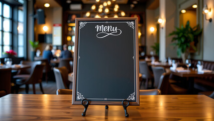 Empty restaurant menu chalkboard mockup with elegant frame on a wooden table