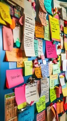Fototapeta premium A vibrant wall covered with colorful sticky notes and reminders.