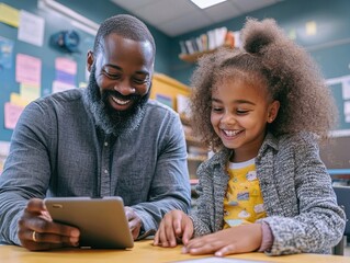 An African-American man showing a young girl how to use a tablet computer in an educational setting.