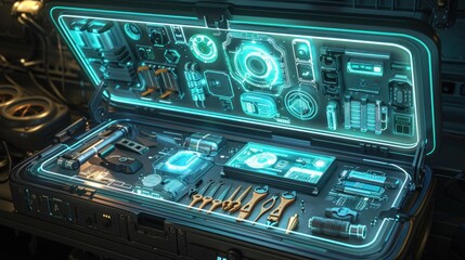 A futuristic toolkit featuring glowing tools and components for advanced technology.