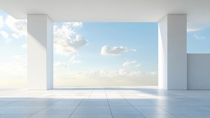 Obraz premium Elegant white architectural building with abstract design, positioned against a stunning city skyline and ocean view. The minimalist background, clean ground, and expansive sky create a perfect settin