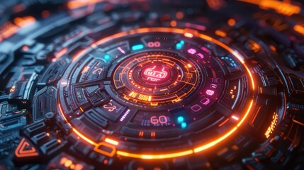 A futuristic, glowing circular interface with intricate patterns and vibrant colors.