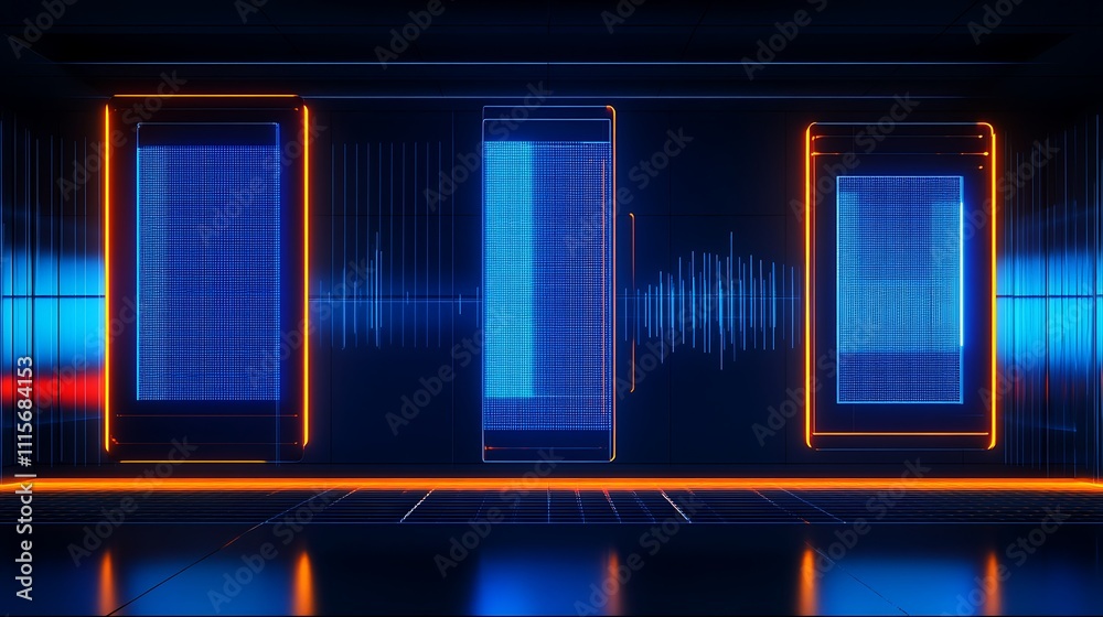 Poster futuristic digital space with neon lights and sound wave patterns in a high-tech environment