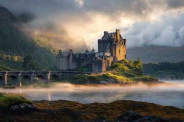 A picturesque castle stands by a misty lake, bathed in the warm glow of sunlight at dawn, surrounded by lush green hills creating a tranquil and serene atmosphere.