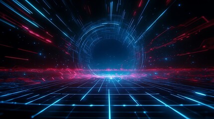 Obraz premium Futuristic Digital Tunnel with Glowing Blue and Red Lines in a Sci-Fi Style Environment