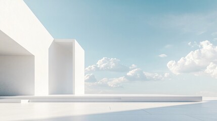 Obraz premium Modern white architectural building with artistic and abstract design, featuring a clean, minimalist background. The spacious ground and sky offer an ideal setting for an automotive advertisement back