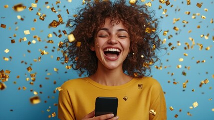 Woman Excitedly Looking at Phone in Confetti Shower