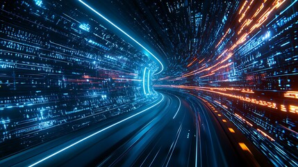 Fototapeta premium Futuristic High-Speed Data Stream with Neon Lights and Blurred Effects in Cyberpunk Style Environment