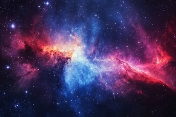 Fototapeta premium A mesmerizing nebula with vibrant colors and a cluster of shining stars spread across the vast expanse of space, symbolizing the boundless wonders of the universe.