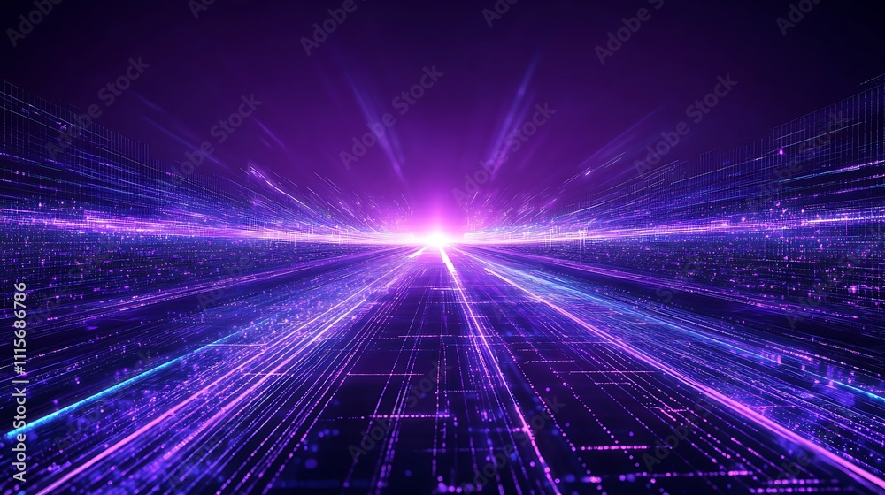 Poster Futuristic Light Rays in Purple Color with Digital Data Representations and Speed Effect Background