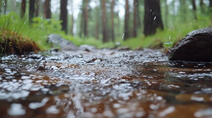 Fototapeta premium Serene Forest Stream Rain Rocks Nature Photography