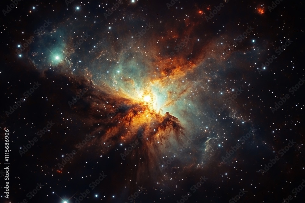 Poster this captivating nebula shines vibrantly in space, with luminous colors and intricate patterns, embo