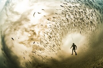 A lone scuba diver explores a swirling vortex of fish in an open underwater environment, with light filtering through the swirling water creating awe and wonder.