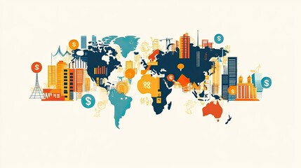 Obraz premium Global Finance: Stylized World Map with Cityscapes and Financial Icons