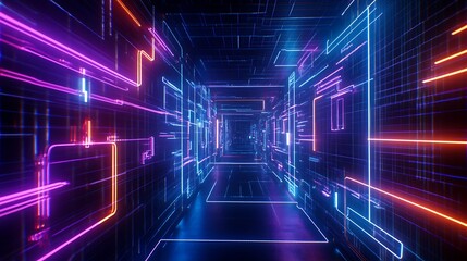 Futuristic Neon Corridor with Glowing Lines and Digital Effects in a High-Tech Environment