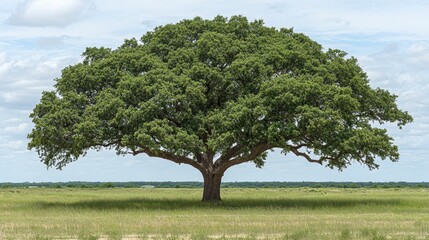 Fototapeta premium Majestic Lone Oak Tree in Green Field Sunny Sky