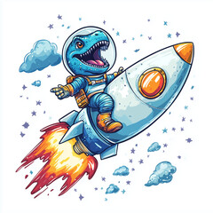 A dinosaur wearing a space suit is flying high on a rocket ship