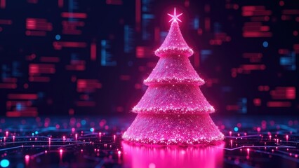 Futuristic pink christmas tree with sparkling lights and digital background