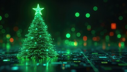 Futuristic green neon christmas tree with glowing star on digital background