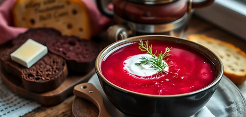 Traditional Russian Borscht with Sour Cream and Rye Bread