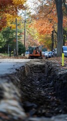 A construction site with a trench alongside a tree-lined street.