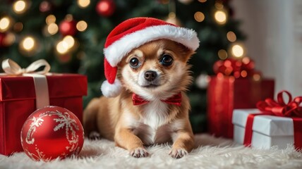 Adorable chihuahua in santa hat poses by christmas tree with festive gifts